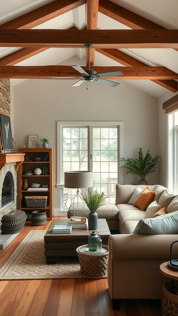 Cozy living room featuring a light brown couch, wooden beams, and natural decor.