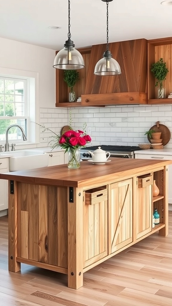 A rustic kitchen island made of natural wood, adorned with flowers and simple lighting fixtures.
