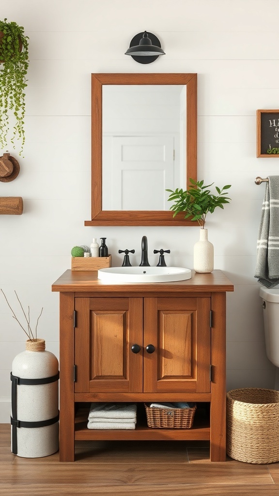 Single sink bathroom vanity with rustic charm featuring wooden design, black fixtures, and plant decor