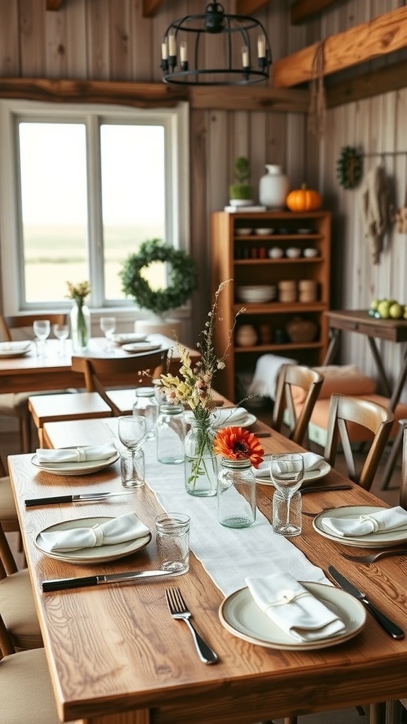 A rustic farmhouse dining table set for brunch with flowers and simple decorations.
