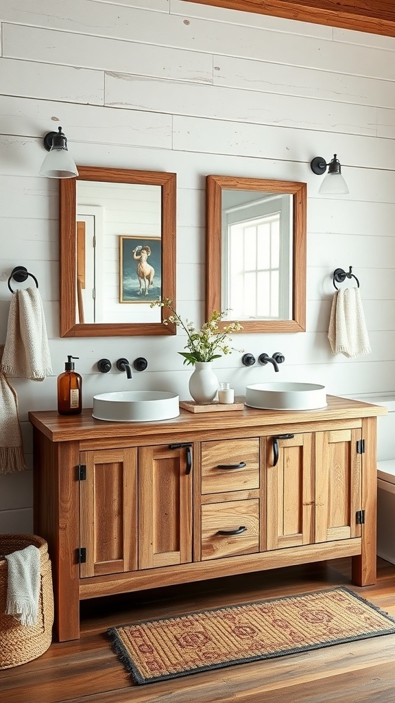 A rustic bathroom with a dual vanity featuring wooden cabinets and two circular sinks.