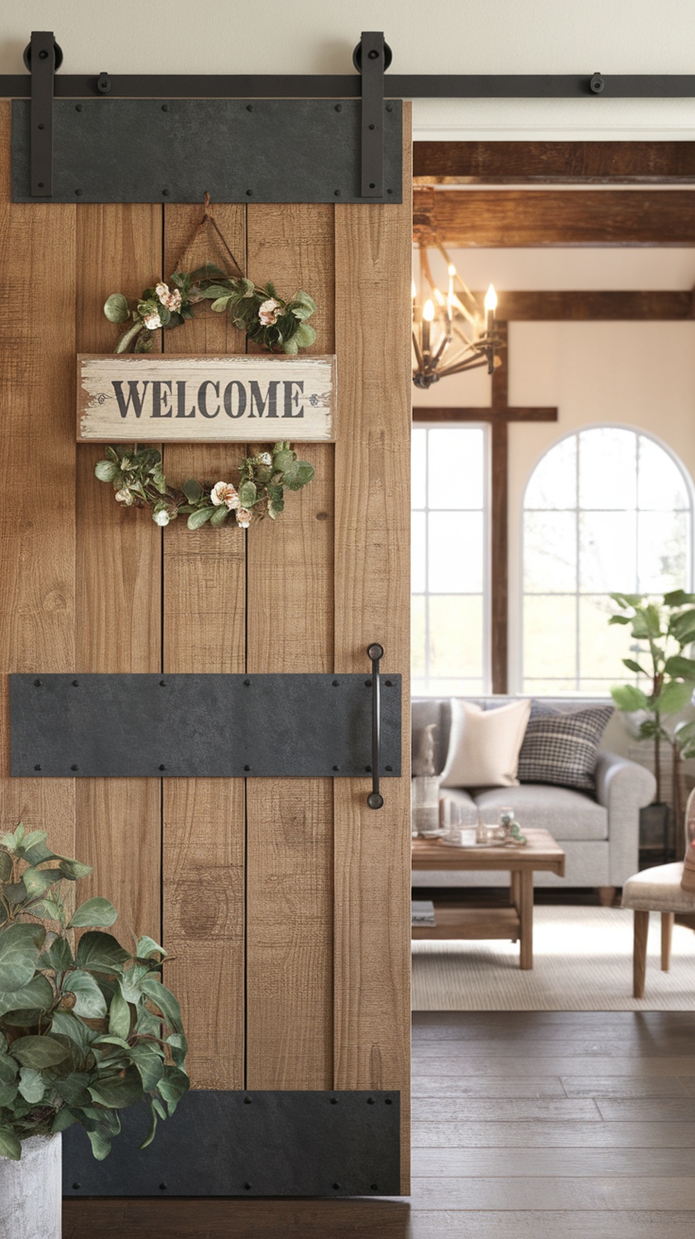 Rustic wooden sliding door with a welcome sign and a floral wreath
