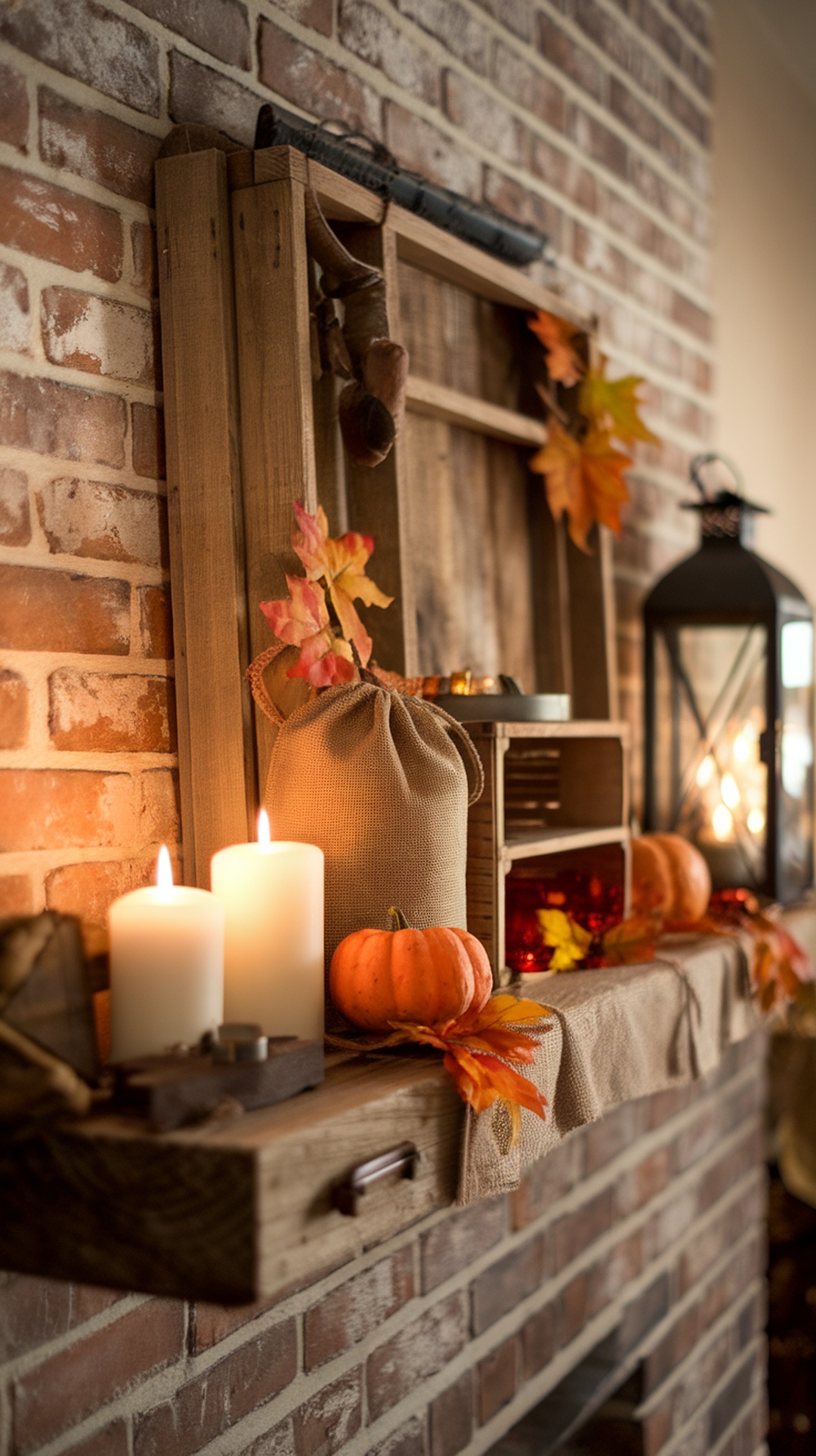 A rustic farmhouse mantel decorated for Thanksgiving with pumpkins, candles, and autumn leaves.