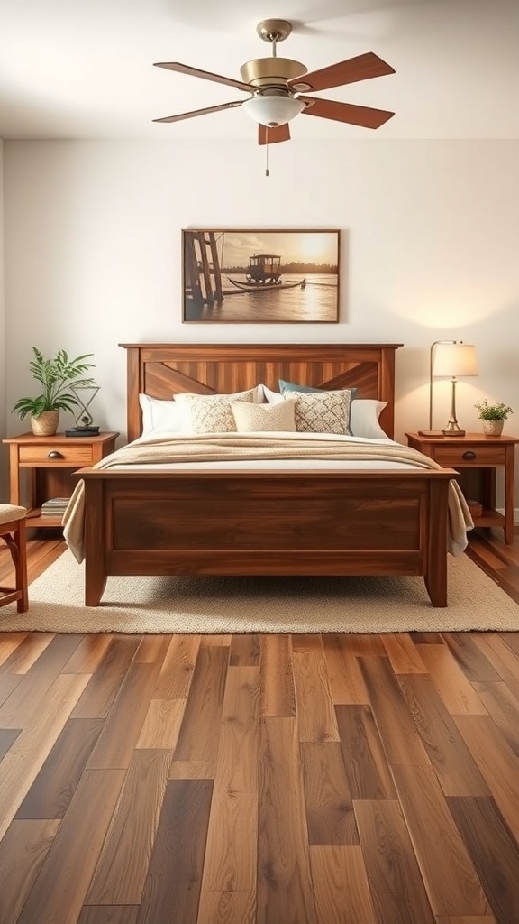 A rustic farmhouse bedroom with a wooden bed, nightstands, and warm lighting.