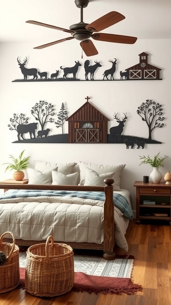 Rustic metal wall art featuring farm animals and a barn above a cozy bedroom setup