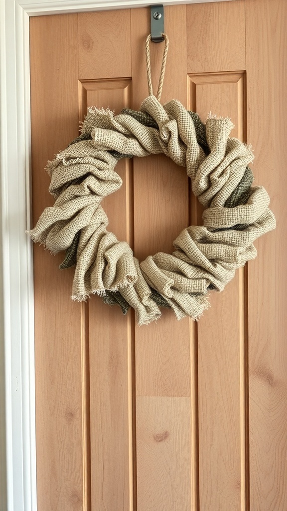A rustic farmhouse rag wreath made of textured fabric in neutral tones, hanging on a wooden door.