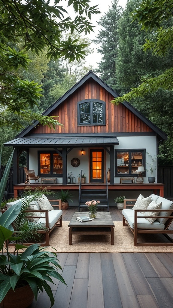A rustic farmhouse with wooden accents, large windows, and a cozy porch surrounded by greenery.