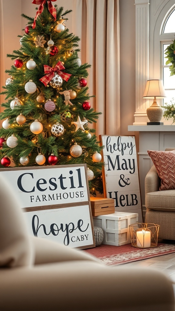 A cozy living room with a decorated Christmas tree and rustic farmhouse signs.