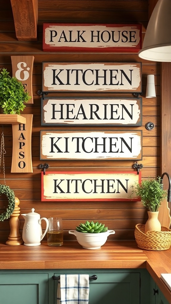 Rustic wooden signs on a kitchen wall with bold lettering