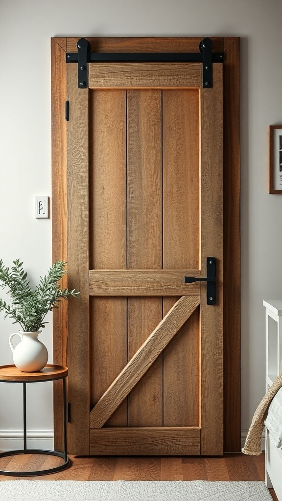 A rustic wooden sliding door with black hardware, next to a small table with a plant.