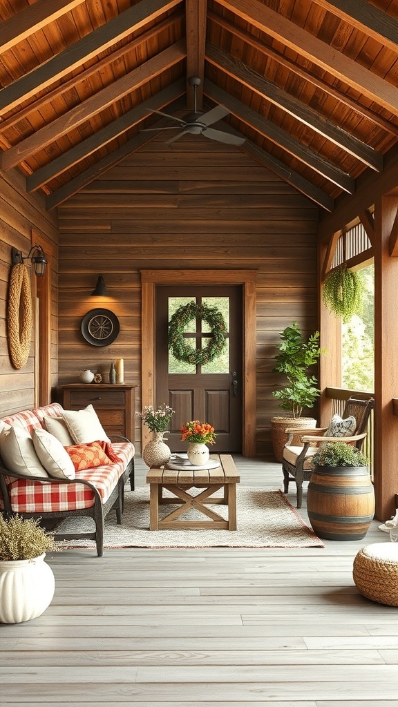 Cozy rustic farmhouse porch with wooden walls, checkered sofa, and potted plants.