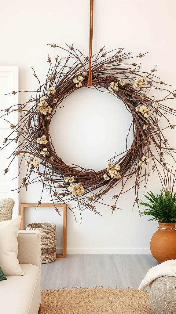 A rustic farmhouse wreath made of twigs and dried flowers, hanging on a wall.