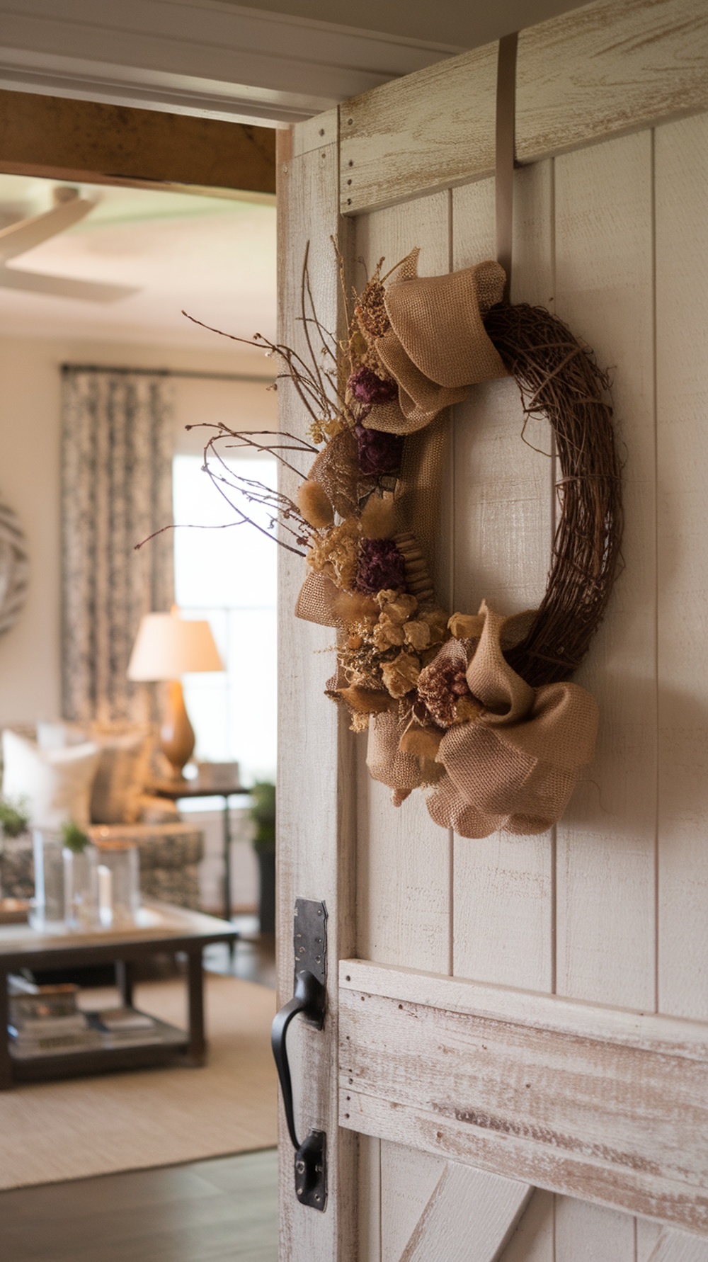 A rustic farmhouse wreath made of dried flowers and burlap, hung on a wooden door.