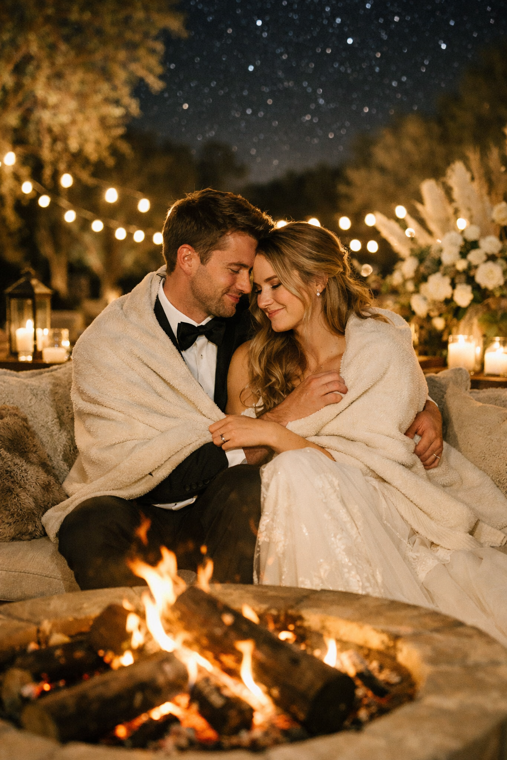 A couple sitting by a fire pit, wrapped in a blanket, under a starry sky with string lights in the background.
