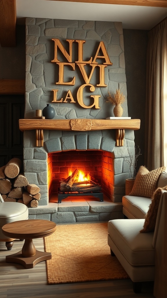 A rustic stone fireplace with wooden letters above it, surrounded by cozy seating and a warm atmosphere.