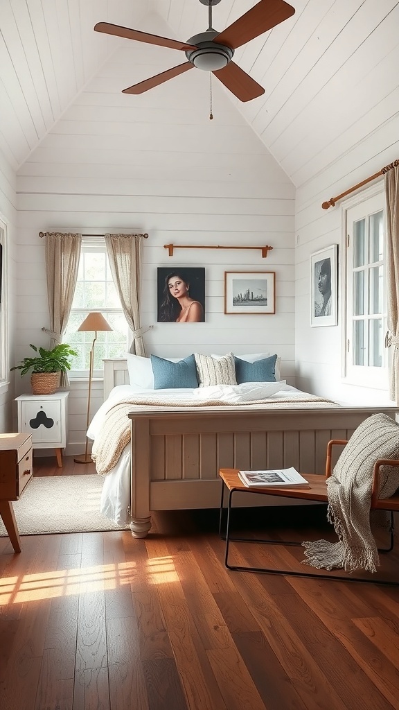 Cozy cottage bedroom featuring rustic wooden flooring, light walls, and soft furnishings.
