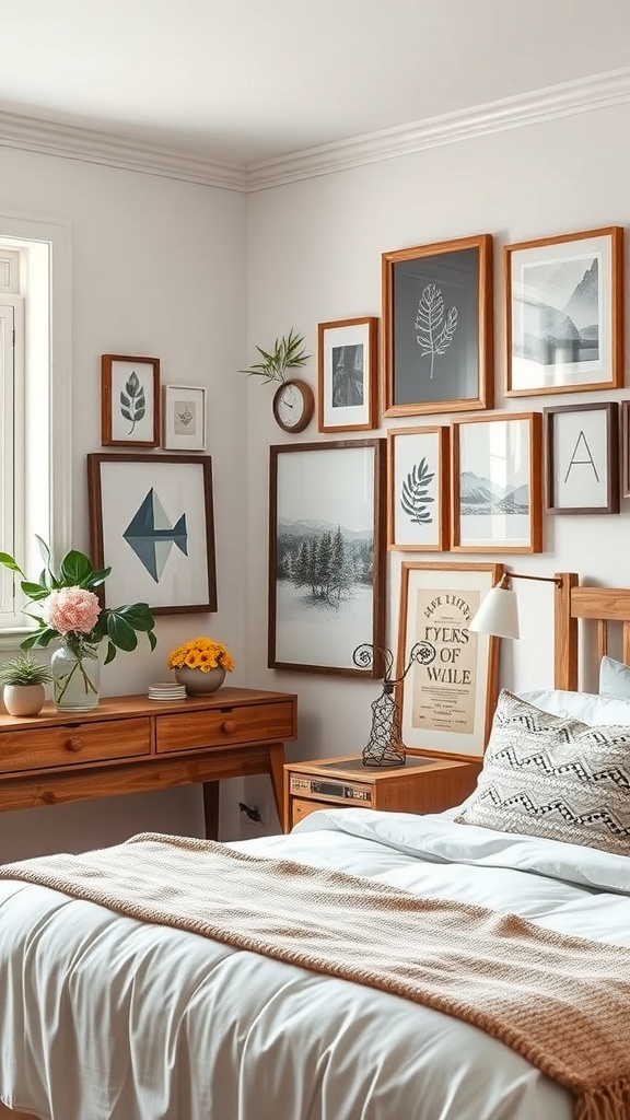A cozy bedroom featuring a gallery wall with rustic wooden frames displaying various art pieces.
