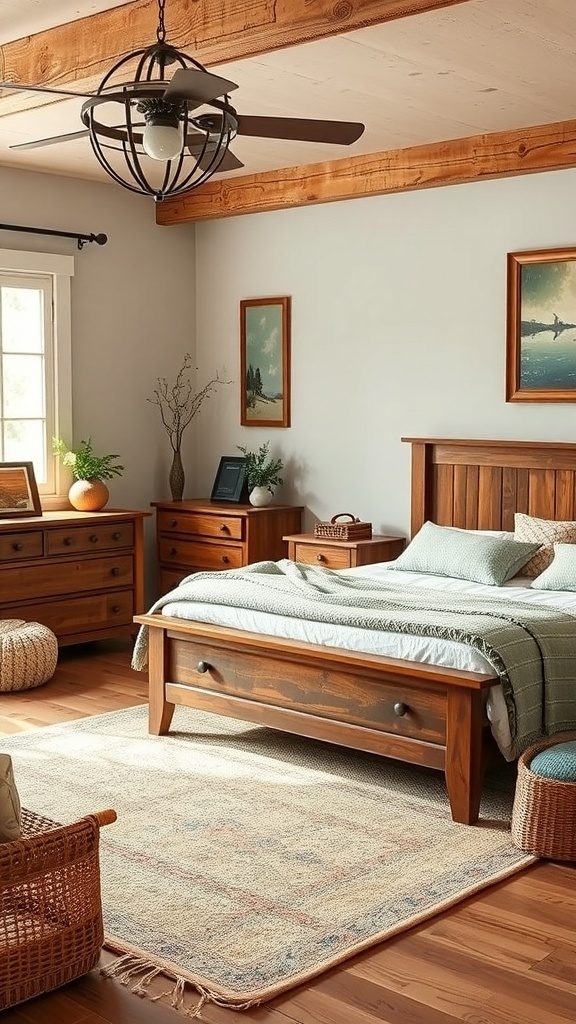 A cozy cottage bedroom featuring rustic wooden furniture, a soft rug, and warm lighting.