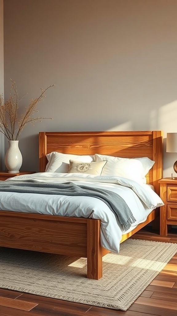 A cozy rustic bedroom featuring a wooden bed, soft bedding, and a bedside table.