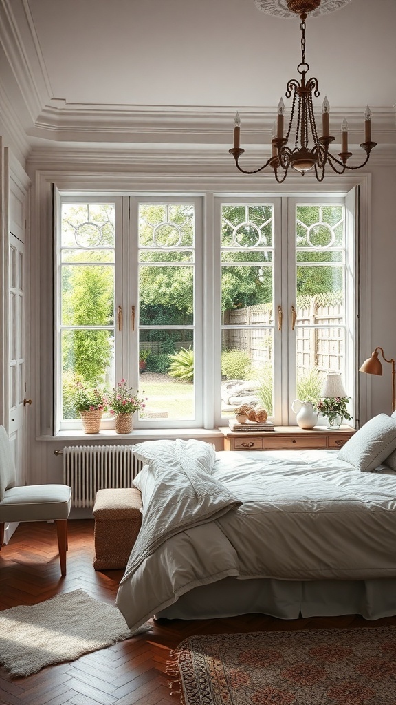 A shabby chic romantic bedroom with large windows showing a garden view, featuring soft bedding and rustic decor.
