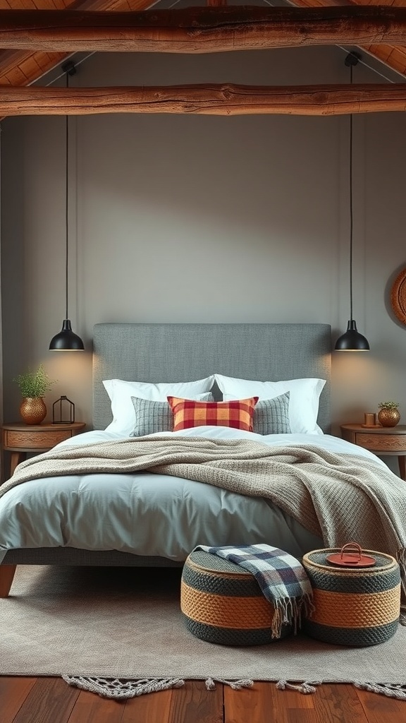 A cozy bedroom featuring a rustic grey headboard, wooden accents, and warm lighting.