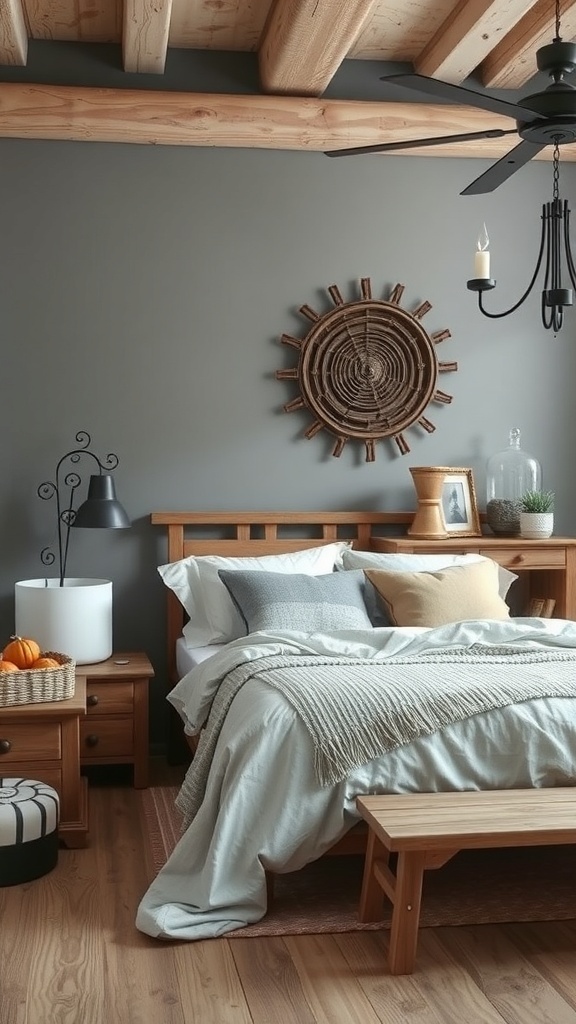 A rustic grey bedroom featuring wooden beams, a cozy bed with layered linens, vintage decor, and warm lighting.