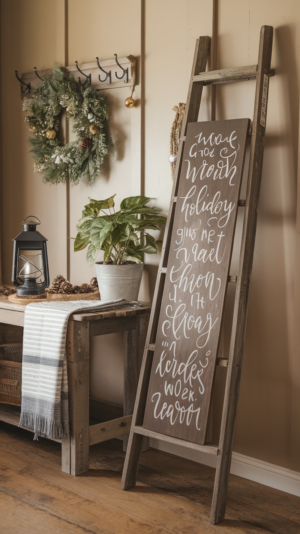 A rustic wooden holiday sign with handwritten text, leaning against a ladder, surrounded by a wreath and a lantern.