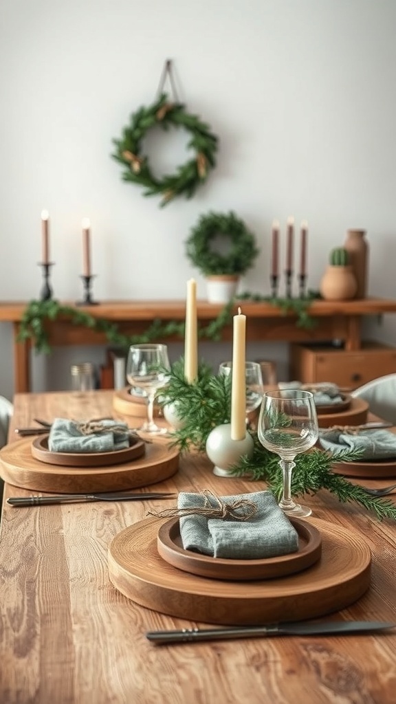 A rustic holiday table setting with wooden plates, gray napkins, candles, and greenery.