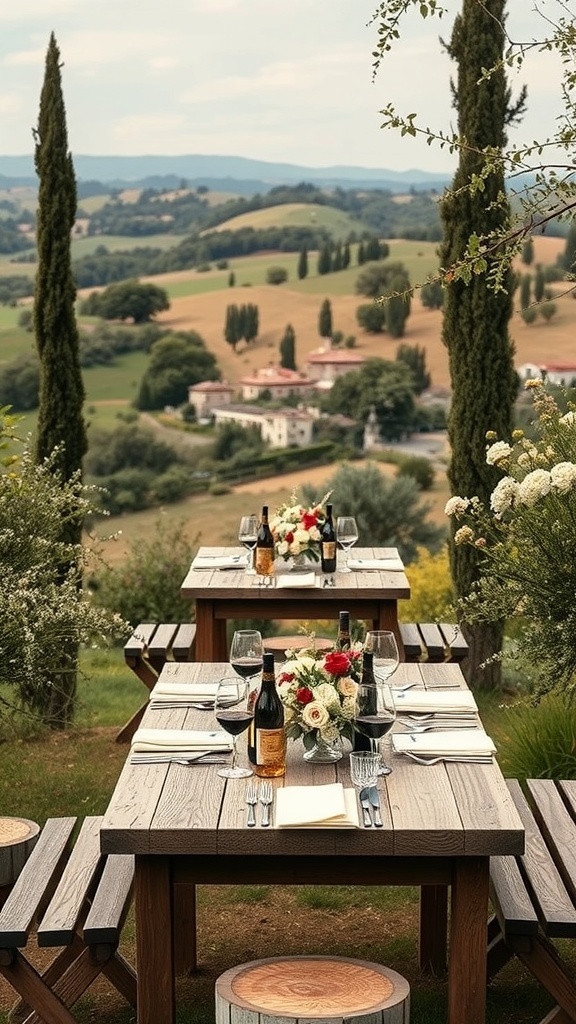 Rustic Italian countryside bridal shower setup with wooden tables, flowers, and wine.