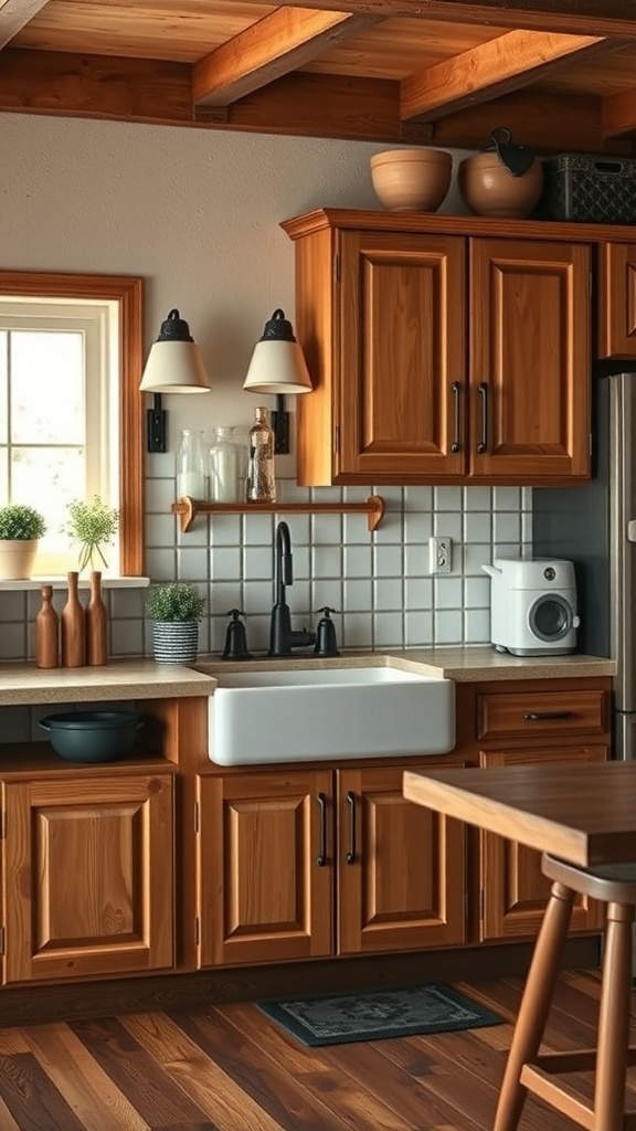 A rustic kitchen with wooden cabinets, a farmhouse sink, and warm lighting.