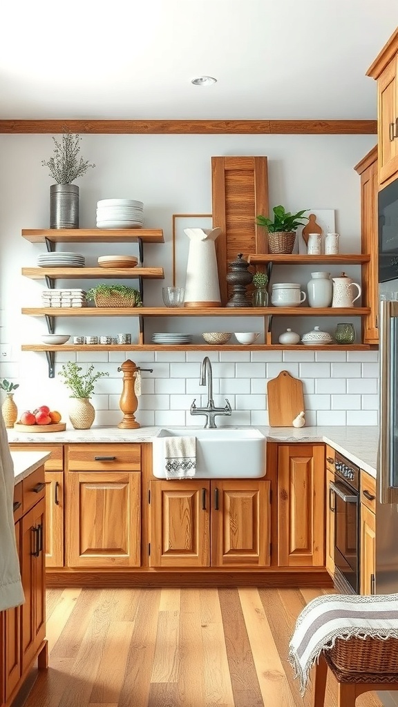 A rustic kitchen with wooden cabinets, open shelves, and a farmhouse sink