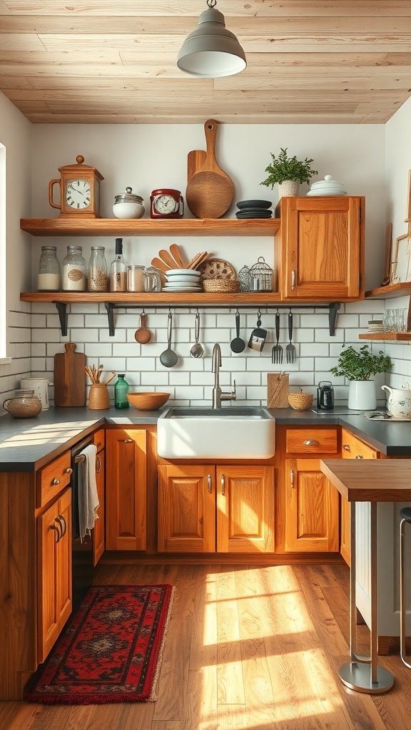 A rustic kitchen with wooden cabinets, open shelves, and a farmhouse sink, showcasing a cozy and inviting atmosphere.
