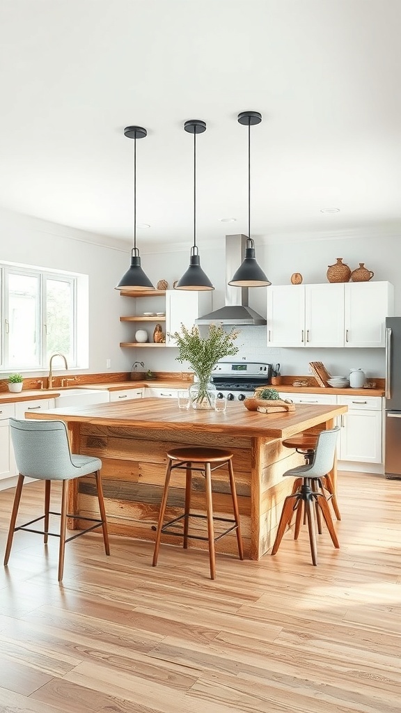 A rustic kitchen island made of warm wood with pendant lights above and bar stools around it.
