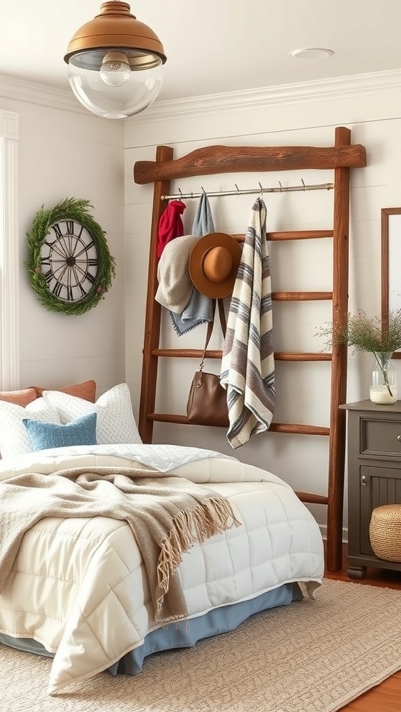 A rustic wooden ladder used as decor in a cozy bedroom, displaying blankets and hats.