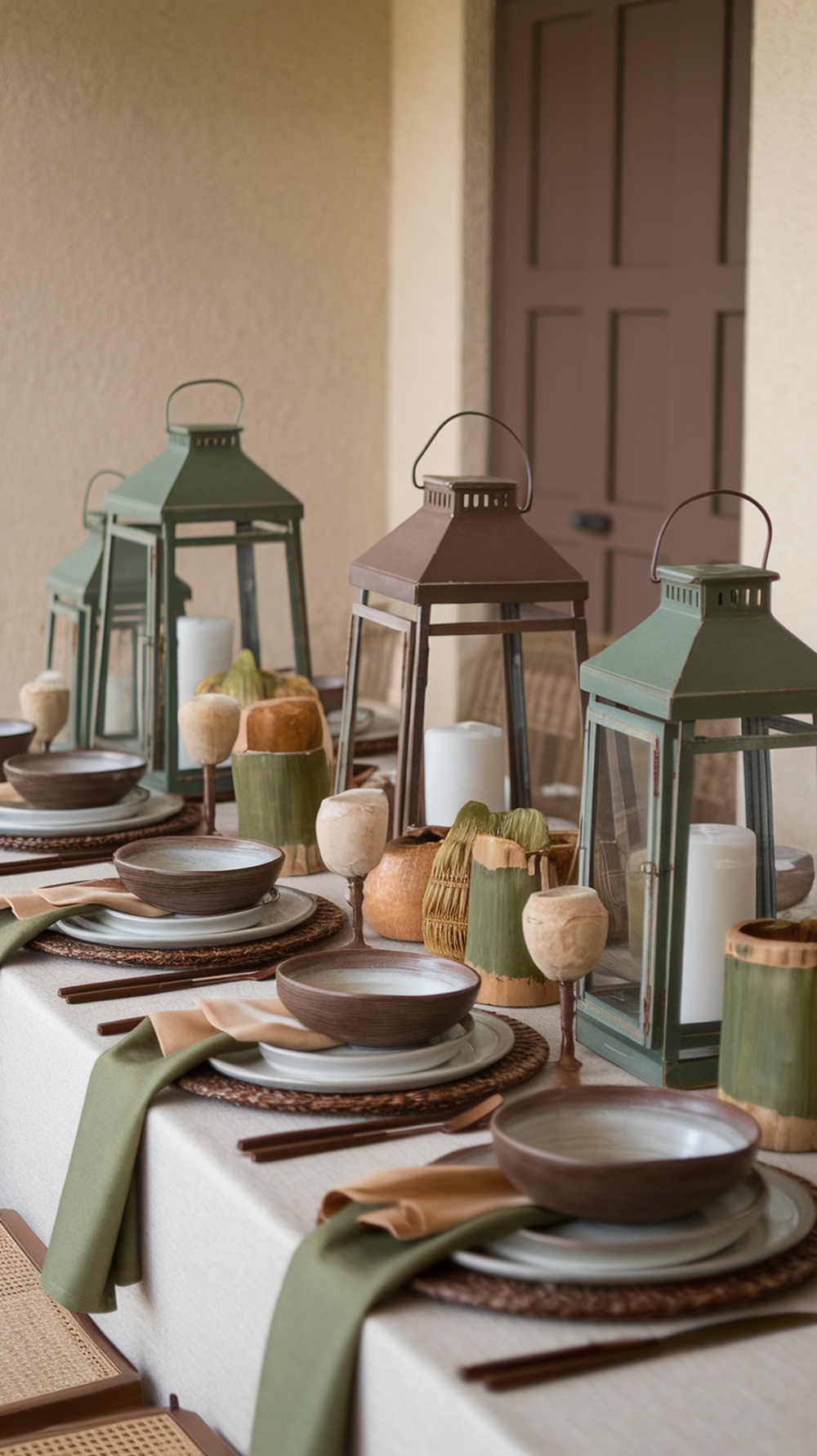 A rustic Thanksgiving table setting featuring green and brown lanterns, wooden accents, and earthy tones.