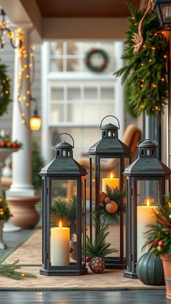 Three rustic lanterns with candles surrounded by greenery and ornaments, creating a cozy Christmas decor.