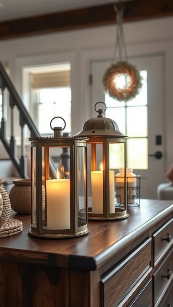 Rustic lanterns with candles on a wooden entryway table