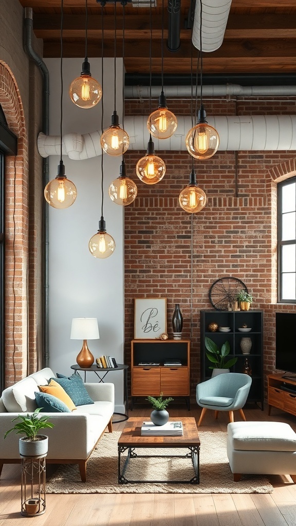 A cozy living room featuring rustic light fixtures with industrial design, showcasing pendant lights above a wooden coffee table and comfortable seating.