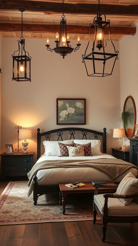 A rustic bedroom with various lighting fixtures including lanterns and a chandelier.