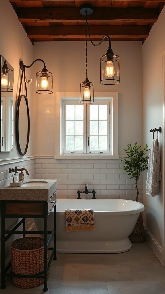 A rustic bathroom featuring unique hanging lighting fixtures, a vintage sink, and a cozy atmosphere.