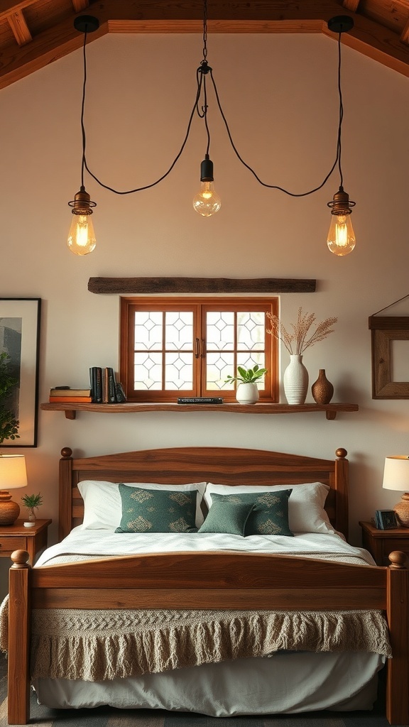 A rustic farmhouse bedroom featuring hanging light fixtures and warm wooden elements.