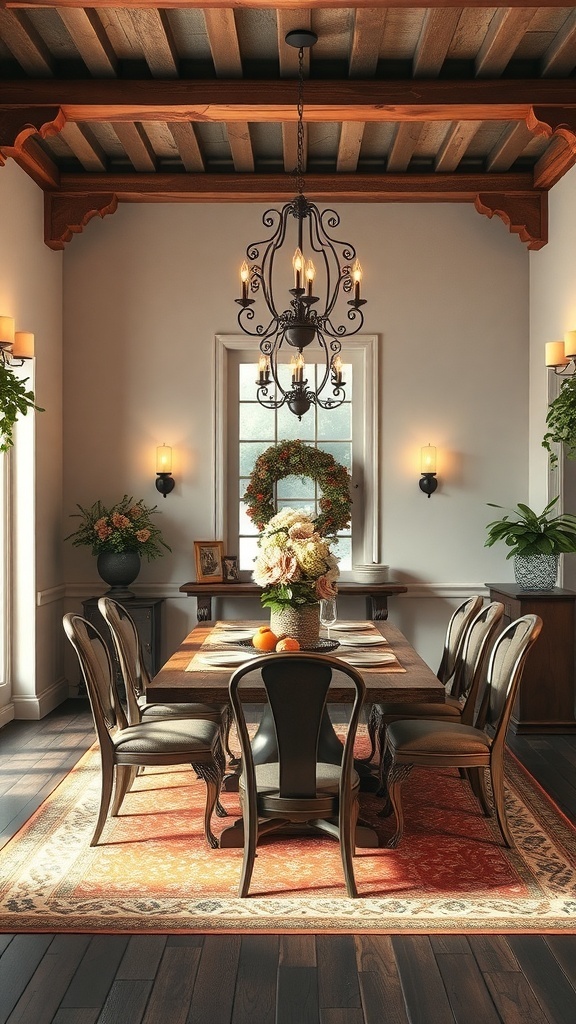 A rustic dining room featuring a chandelier and wooden beams.