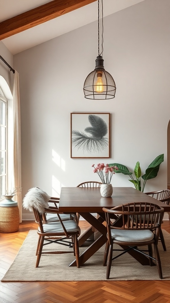 A rustic dining area featuring a wooden table, metal pendant light, and stylish chairs.
