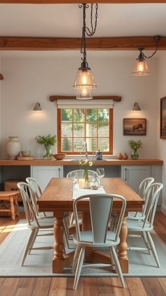 A rustic kitchen with wooden beams and pendant lighting over a dining table.