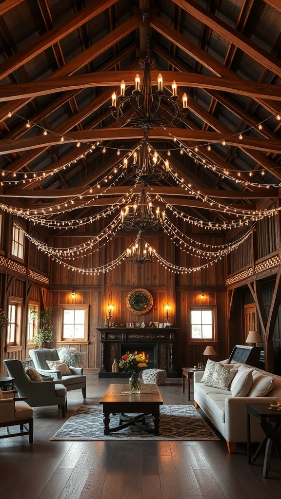 A beautifully lit barn interior featuring chandeliers and string lights, creating a cozy atmosphere.