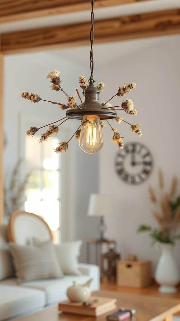A rustic light fixture with dried flowers hanging in a cozy living room