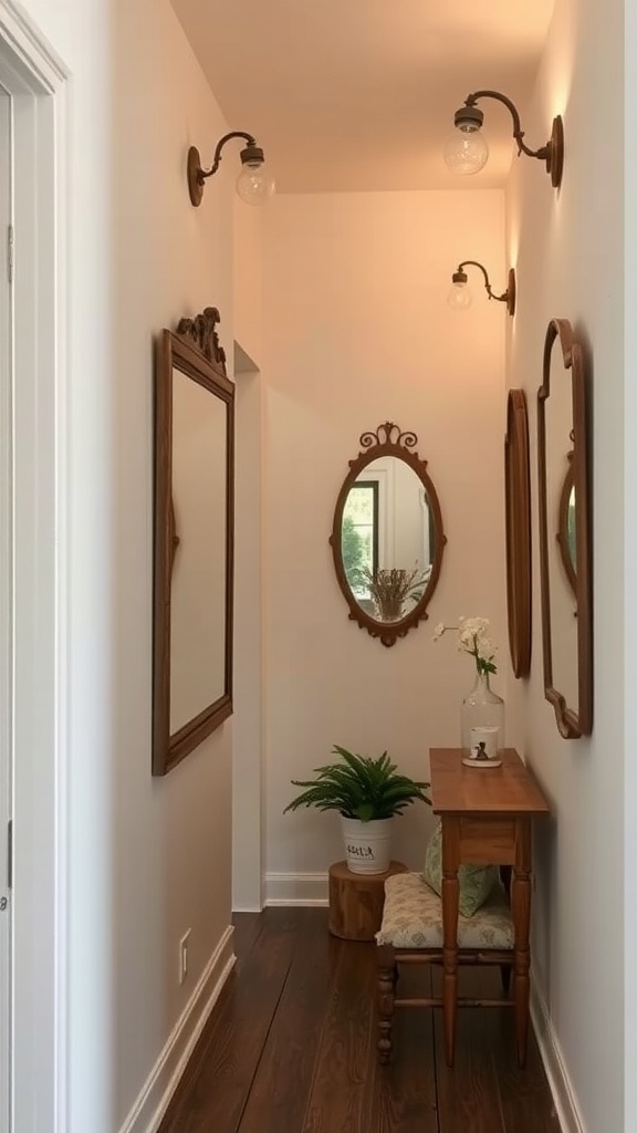 A narrow hallway featuring rustic wall sconces and vintage mirrors, with a small wooden table and plant.