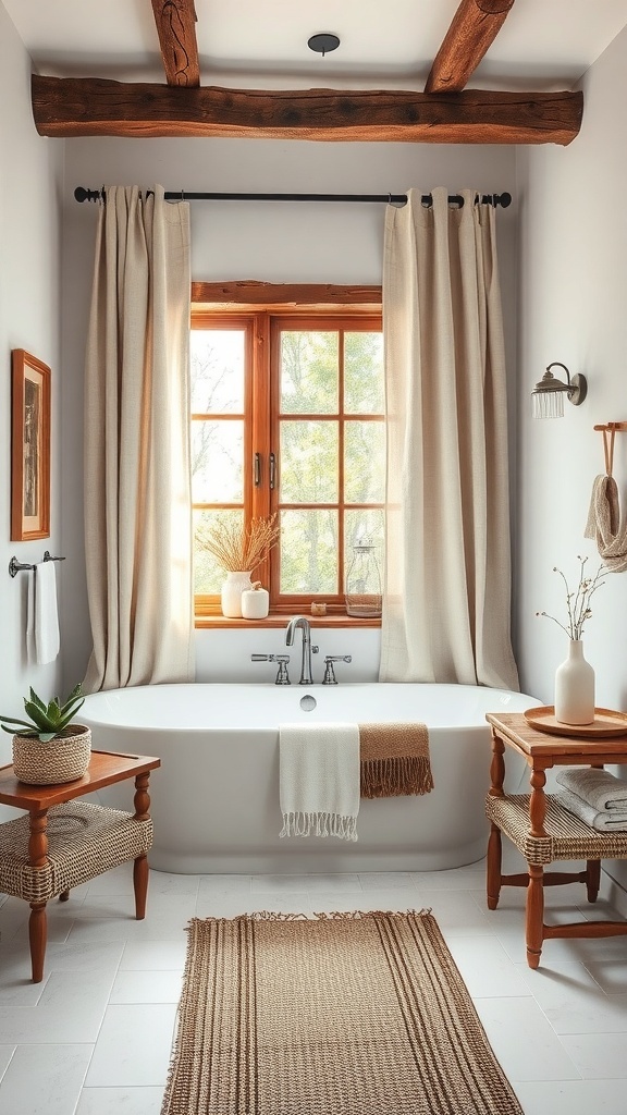 A cozy bathroom featuring rustic linen curtains, wooden beams, and natural decor elements.