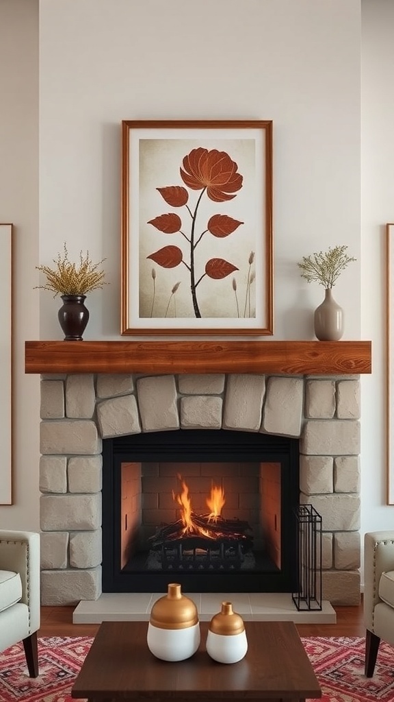 A rustic fireplace mantel with a floral artwork above it, surrounded by vases and a cozy atmosphere.