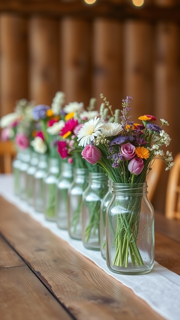 A row of mason jars filled with colorful flowers on a wooden table